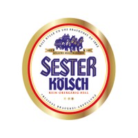 Rundes Bieretikett mit goldener Umrandung und blauer Schrift auf weißem Grund.